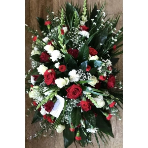 Rouwarrangement druppelvorm Rood Wit