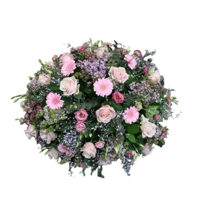 Rouwarrangement rond roze tint Joke